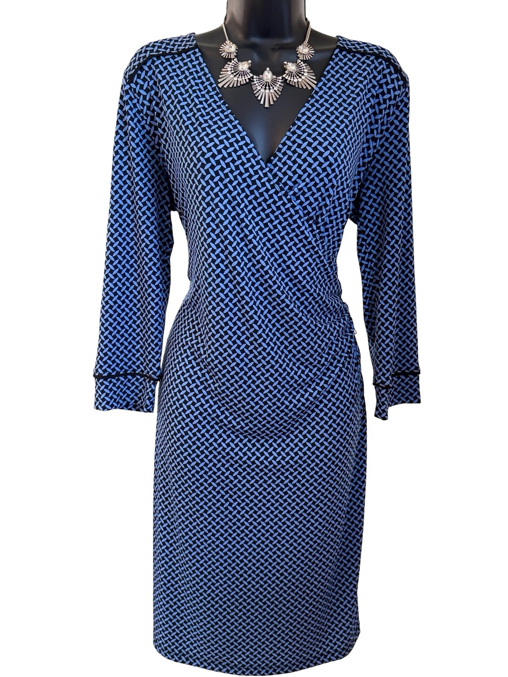 Jones New York Blue Geometric Long-Sleeve Faux Wrap Dress